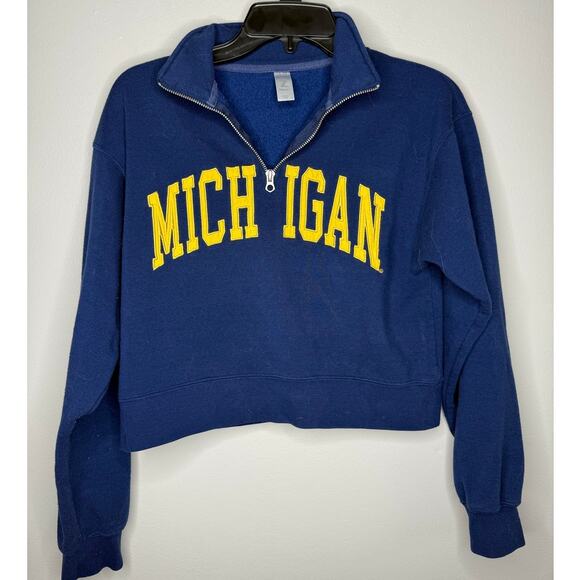 Michigan Quarter-Zip Sweatshirt Women’s Small Cropped Navy Blue Fleece Pullover - Picture 1 of 5